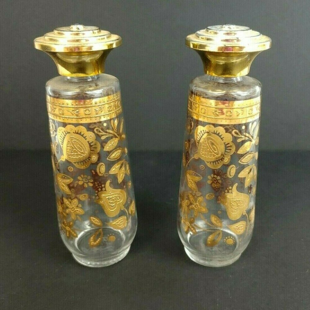 Gold Filigree Floral Design Glass Vintage Salt And Pepper Shakers 5"